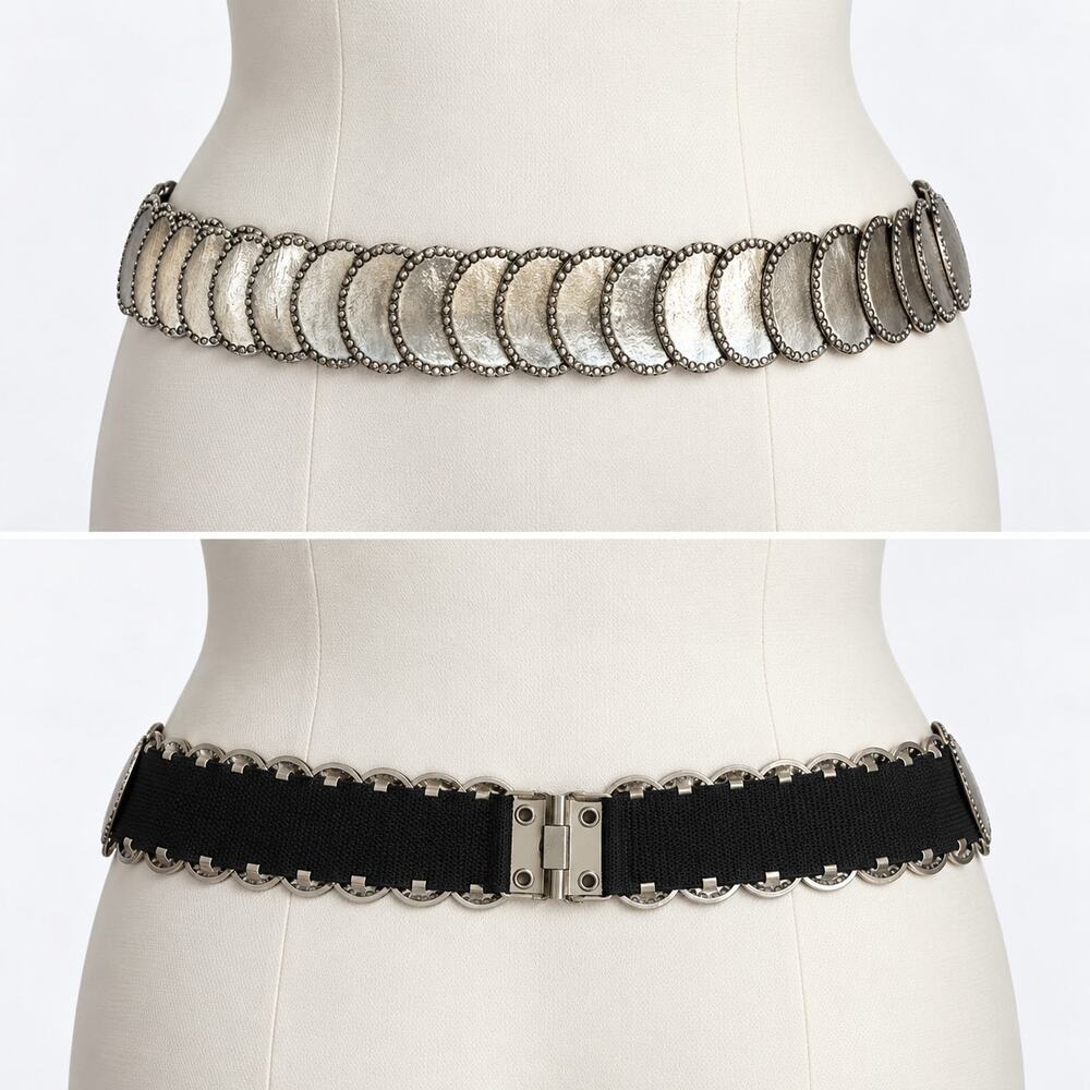 Silver Coin Disc Statement Belt Black Stretch Vintage Style